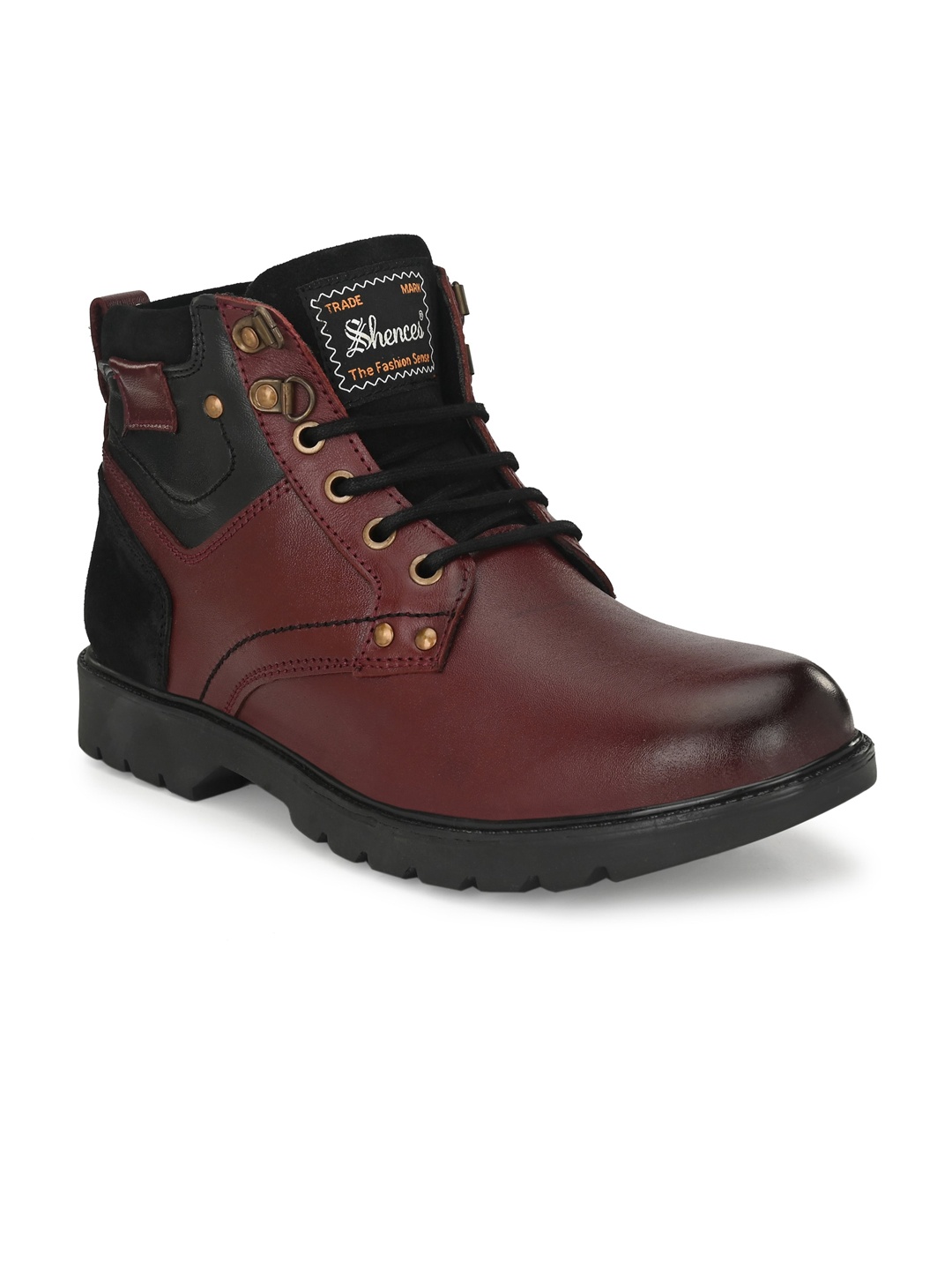 

SHENCES Men Leather High-Top Biker Boots, Brown