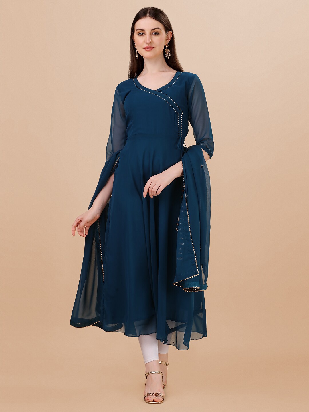 

PMD Fashion Women Gotta Patti Georgette Anarkali Kurta With Attached Dupatta, Blue