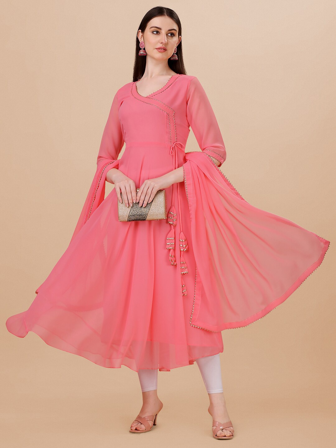 

PMD Fashion Women Gotta Patti Georgette Anarkali Kurta With Dupatta, Pink