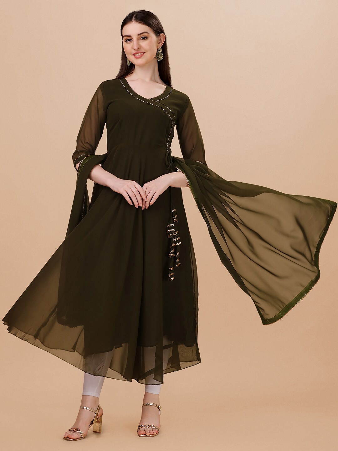 

PMD Fashion Women V Neck Gotta Patti Anarkali Kurta With Dupatta, Olive