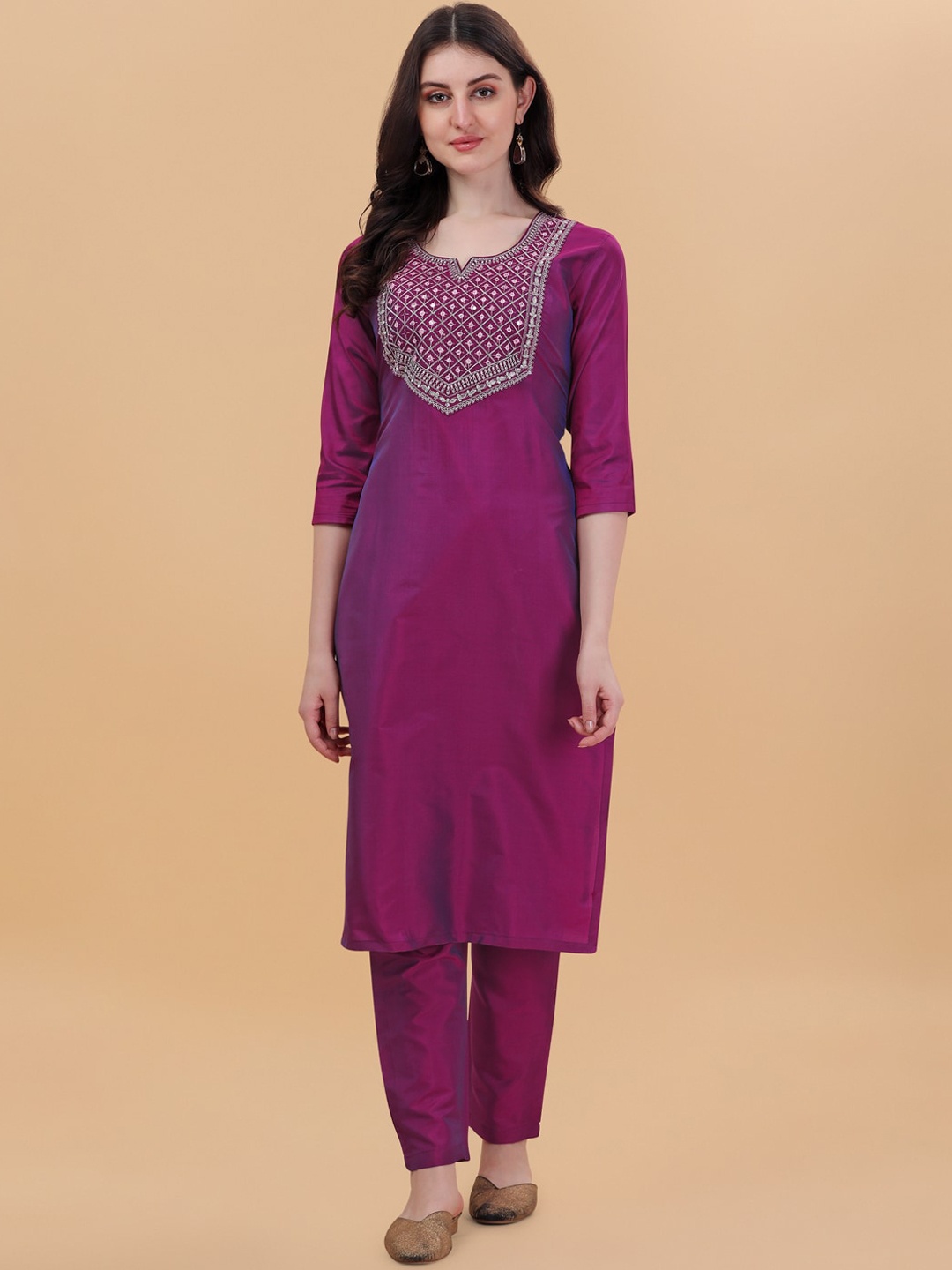 

PMD Fashion Women Embroidered Sequinned Kurta With Trousers, Purple