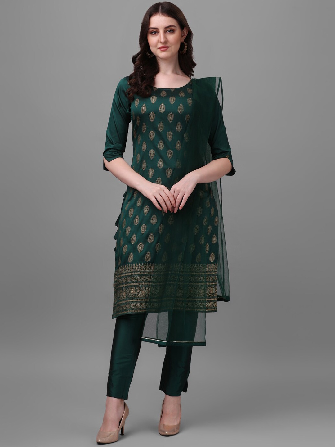 PMD Fashion Women Floral Printed Kurta with Trousers & Dupatta, Green