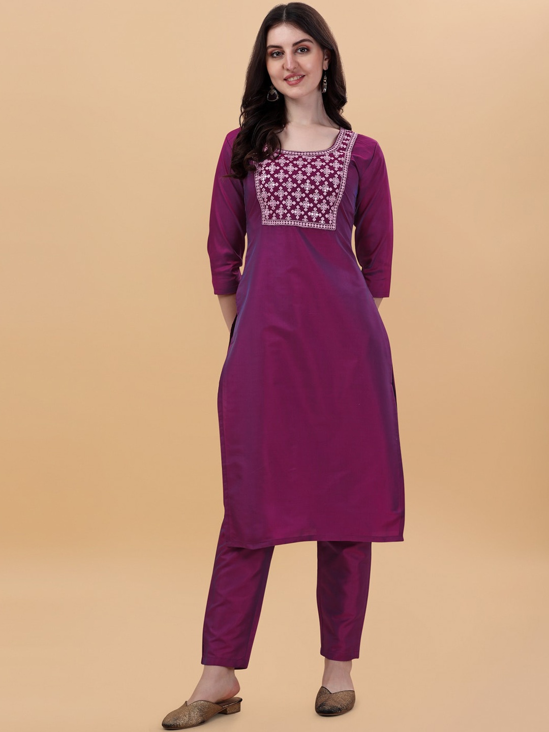 

PMD Fashion Women Embroidered Sequinned Kurta with Trousers, Purple