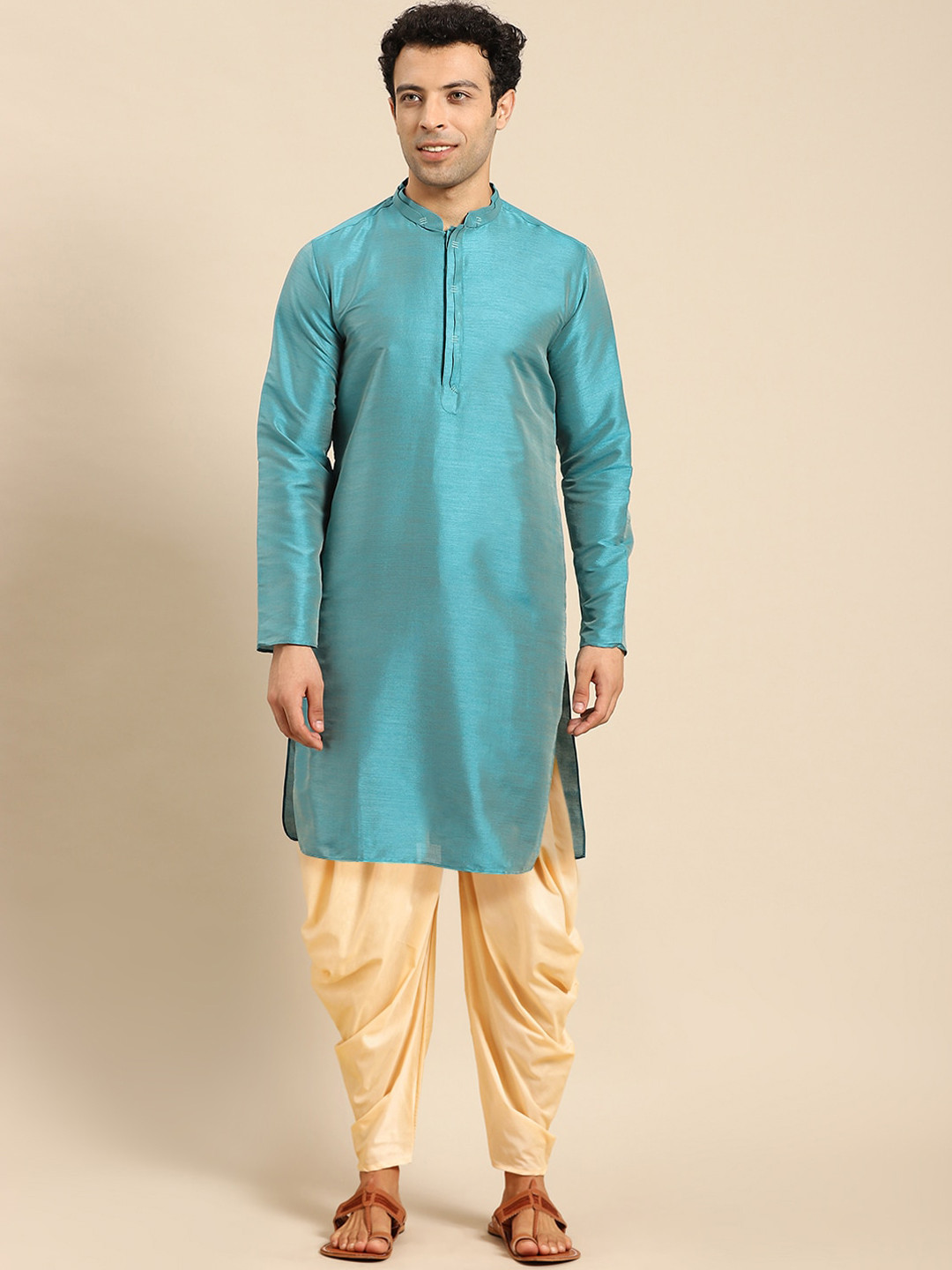 

Amodh by Kisah Men Mandarin Collar Cotton Kurta, Teal