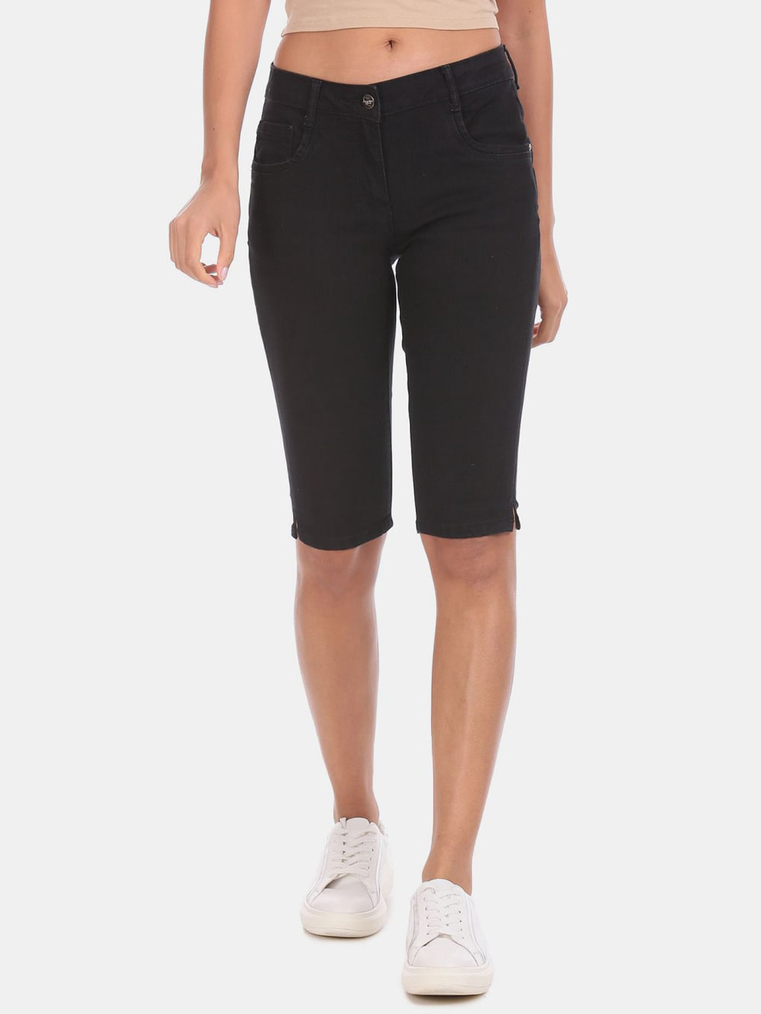 

V-Mart Women Classic Knee Length Mid-Rise Cotton Denim Shorts, Black