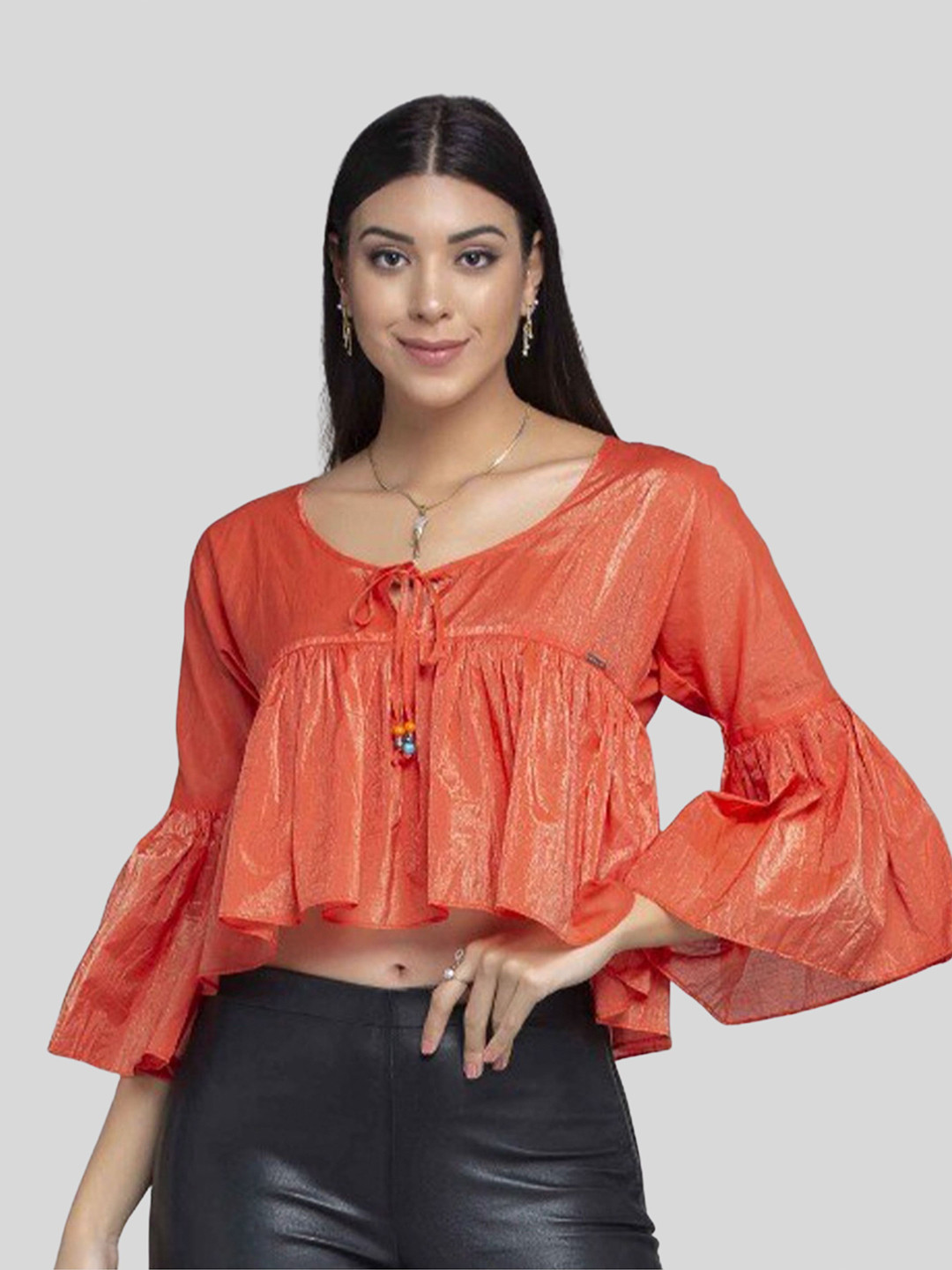 

MKOAL Tie-Up Neck Gathered Or Pleated Crop Top, Orange
