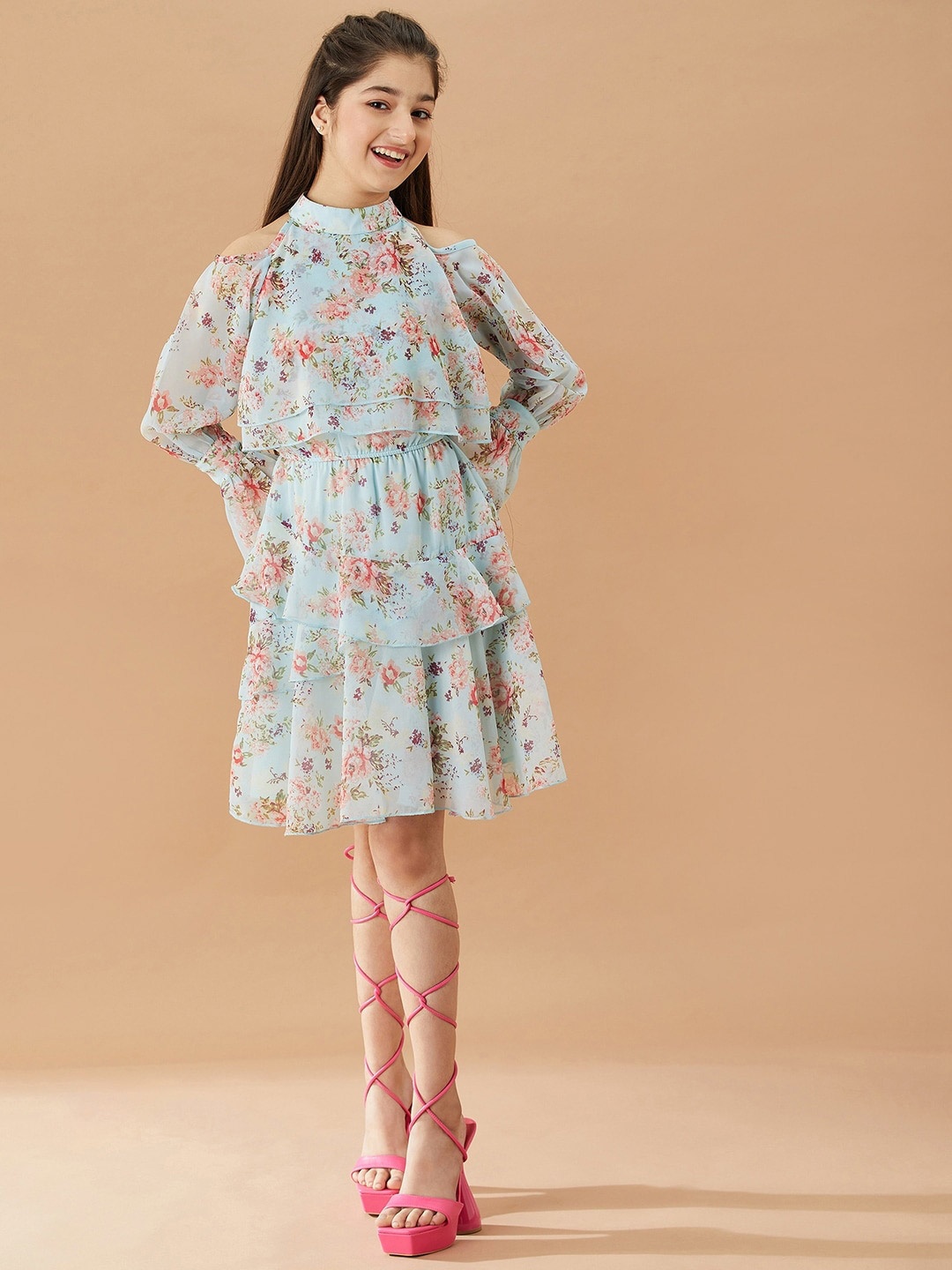 

pspeaches Girls Floral Printed Layered A-Line Dress, Blue