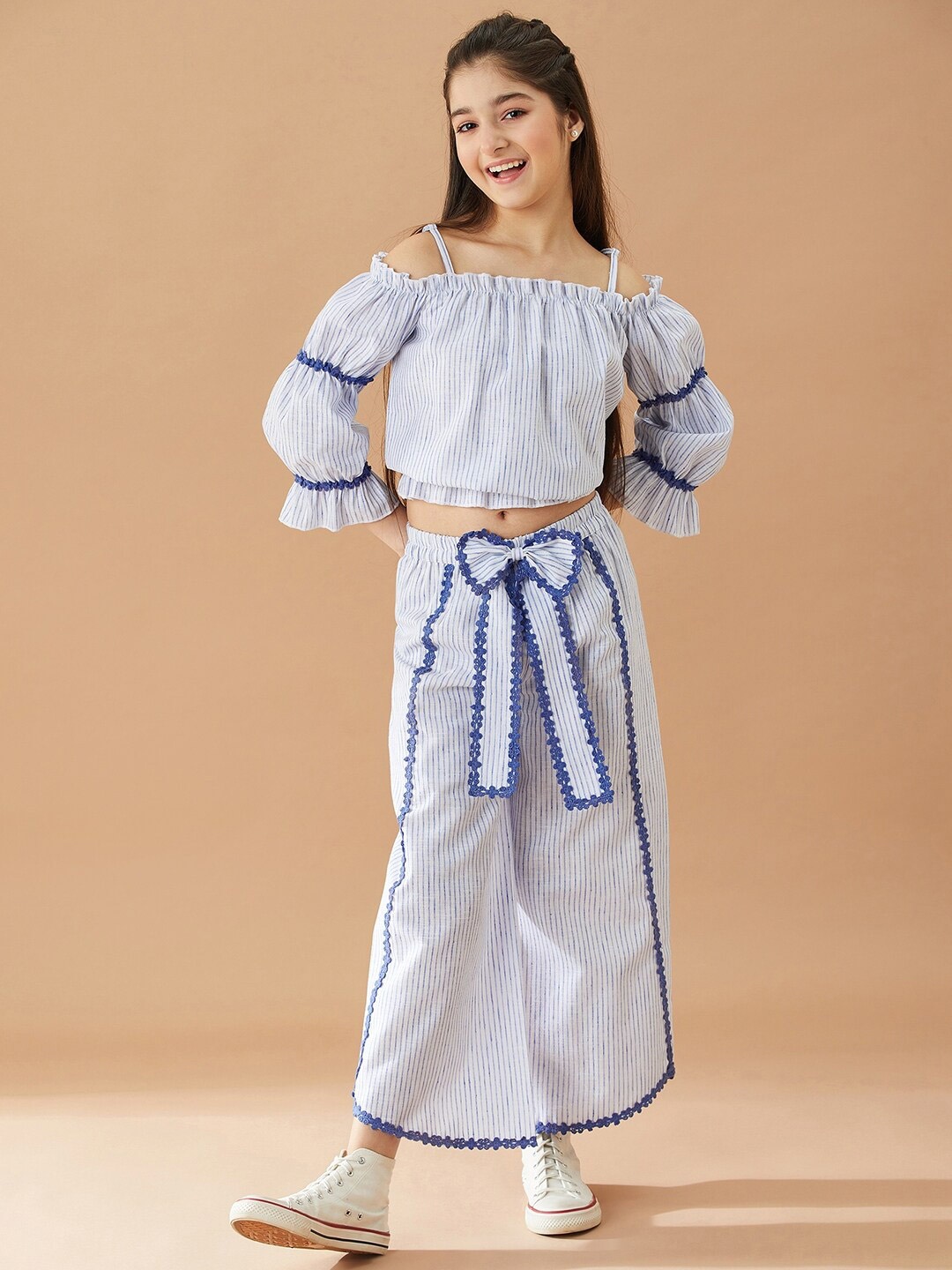

pspeaches Girls Striped Top with Trousers, White
