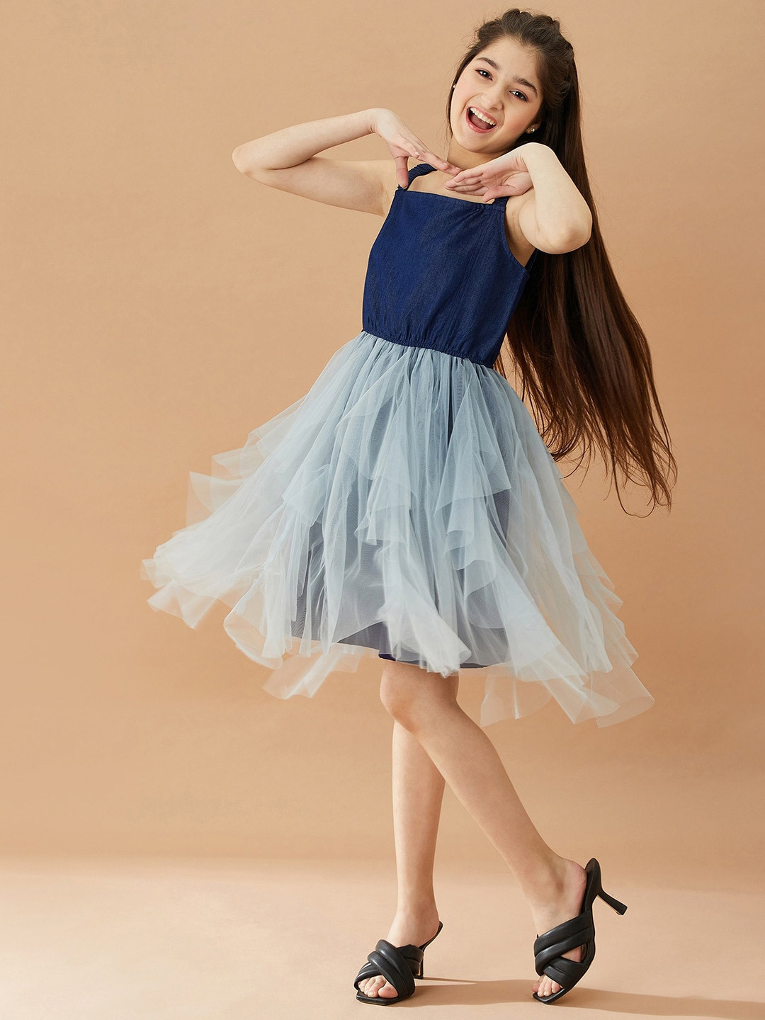 

pspeaches Girls Net Layered Fit & Flare Dress, Navy blue