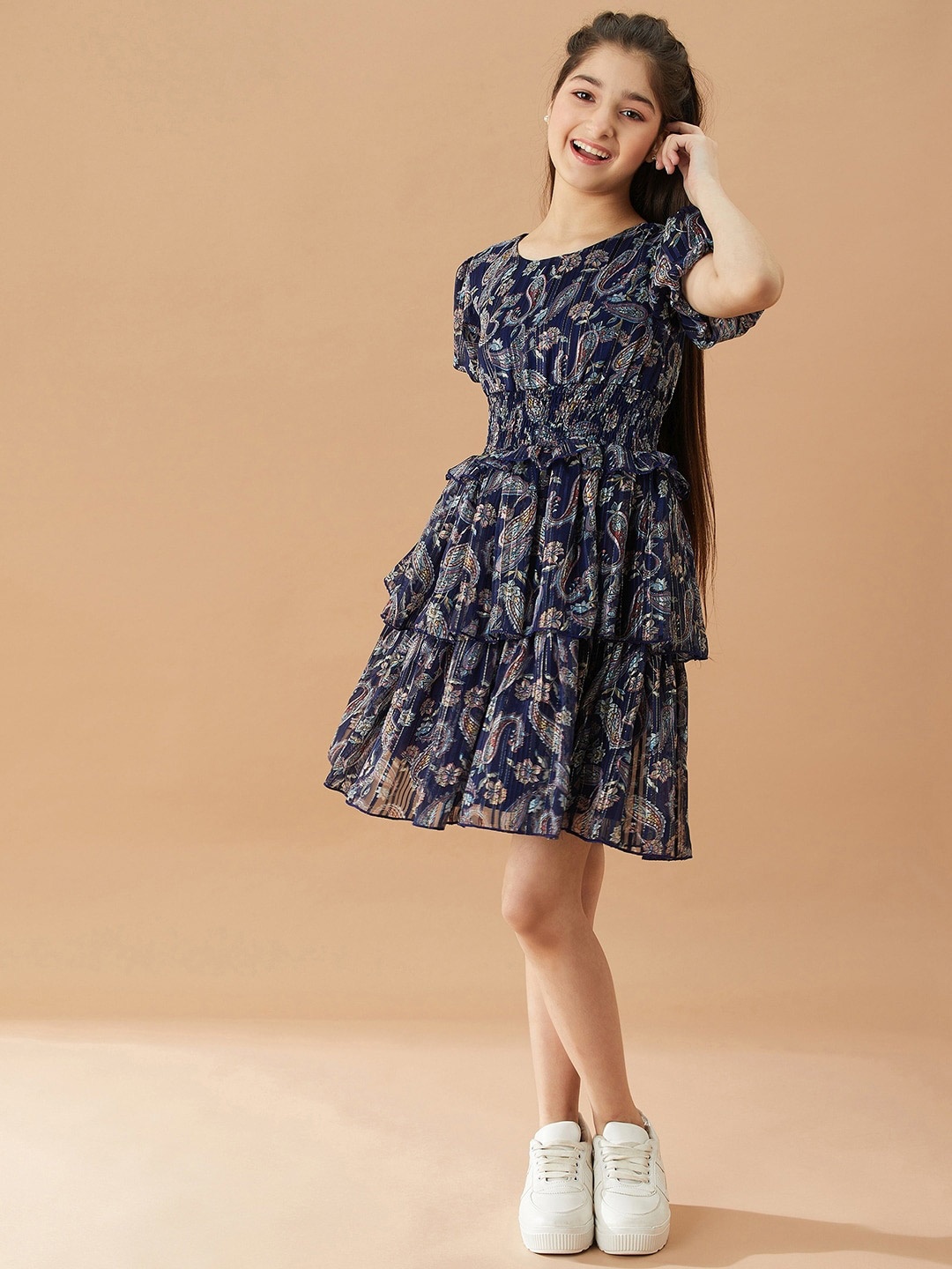

pspeaches Girls Ethnic Motifs Printed Layered Fit & Flare Dress, Navy blue