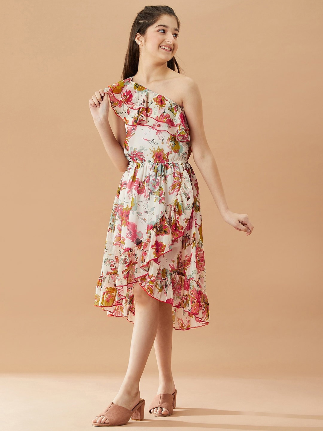 

pspeaches Girls Floral Printed One Shoulder Midi Fit & Flare Dress, Off white