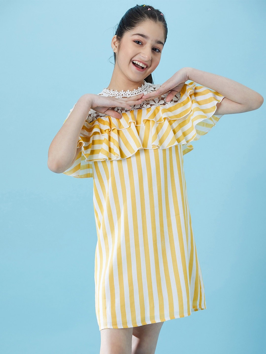 

pspeaches Girls Striped Ruffled Cotton A-Line Dress, Yellow