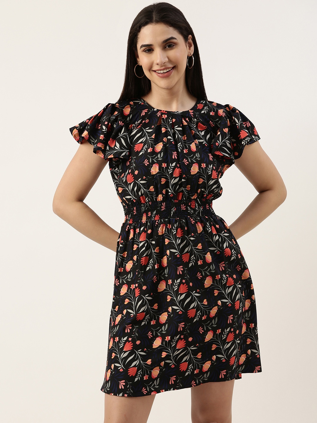 

RACHNA Floral Print Flared Sleeve Crepe A-Line Mini Dress, Black