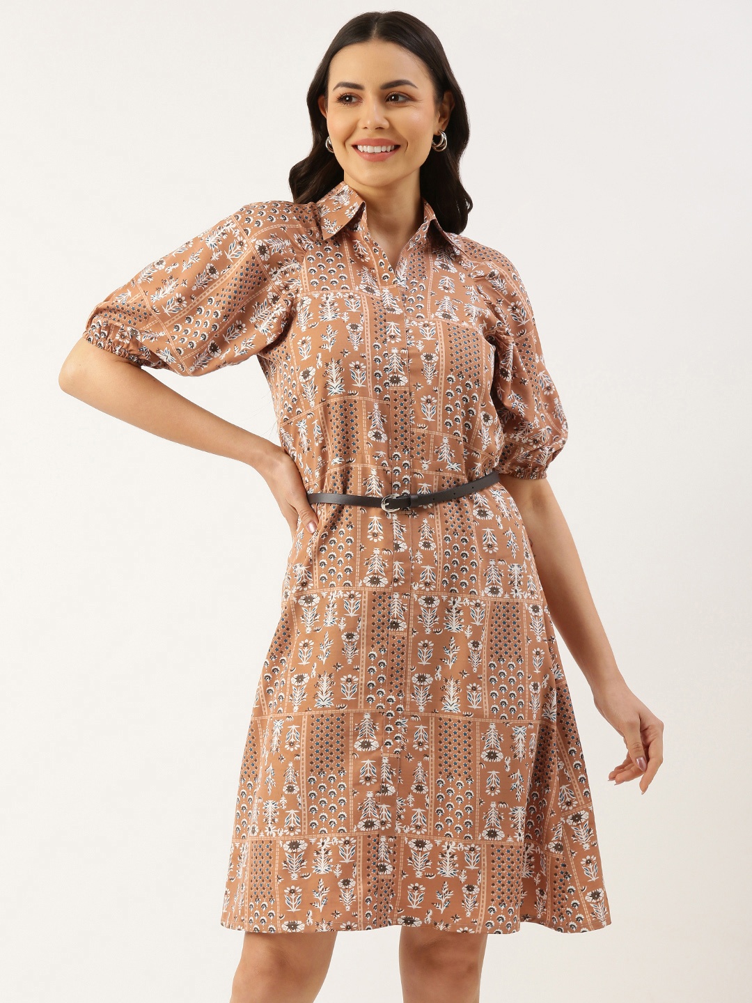 

RACHNA Floral Print Puff Sleeve Crepe A-Line Dress, Coffee brown