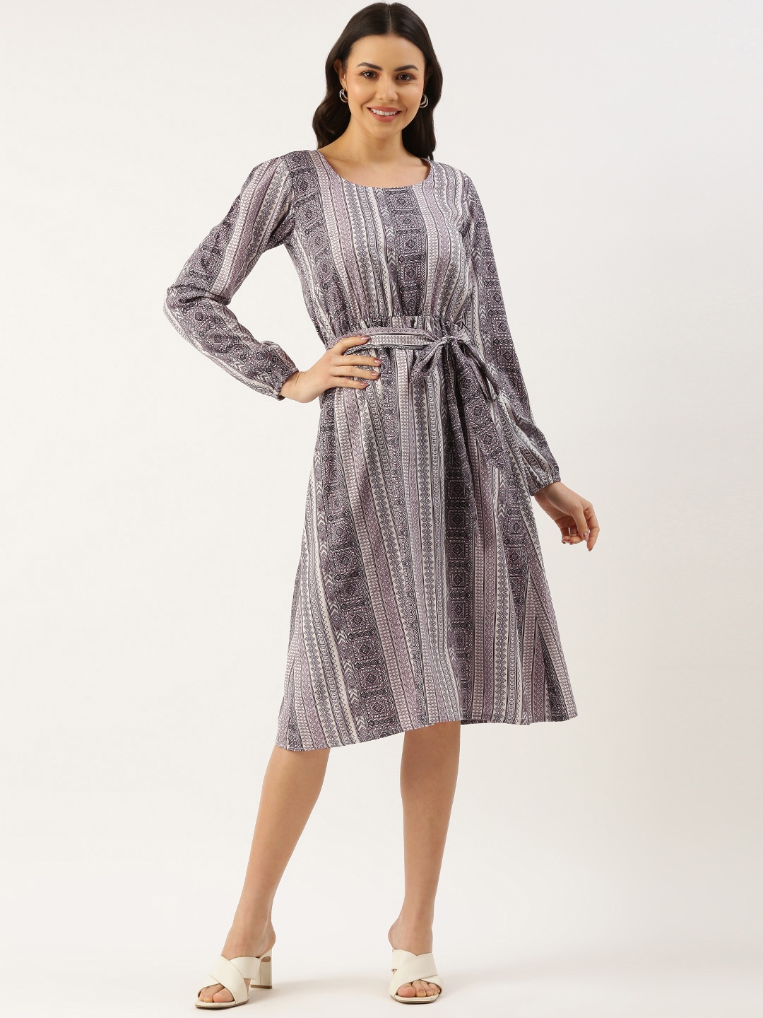 

RACHNA Geometric Print Puff Sleeve Crepe A-Line Dress, Grey