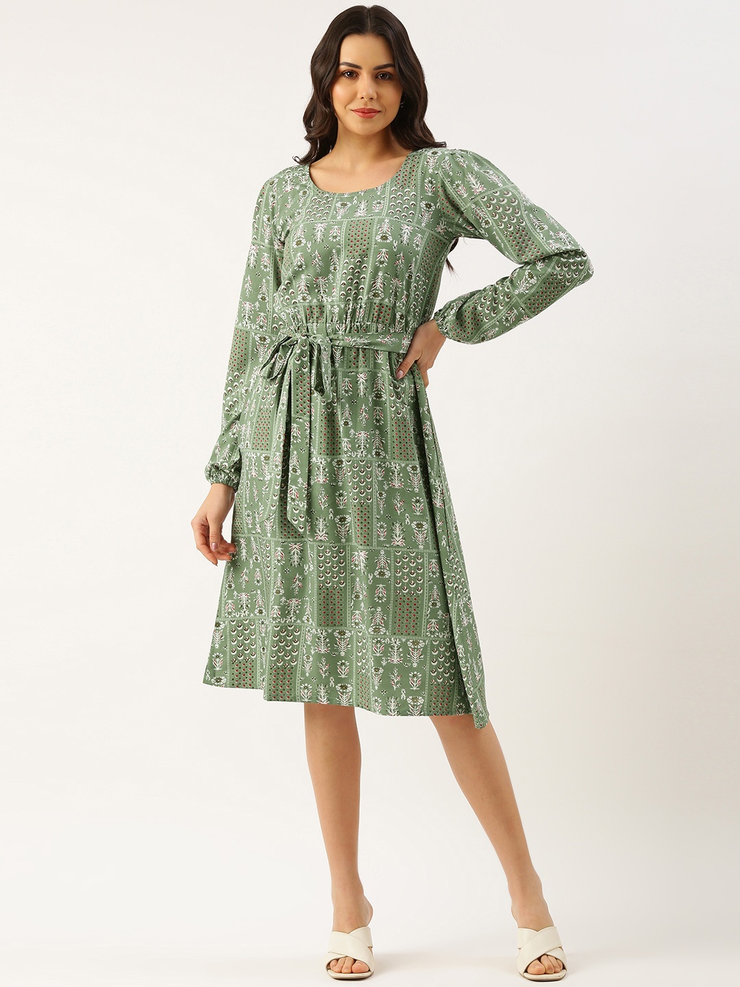 

RACHNA Floral Print Puff Sleeve Crepe A-Line Dress, Green