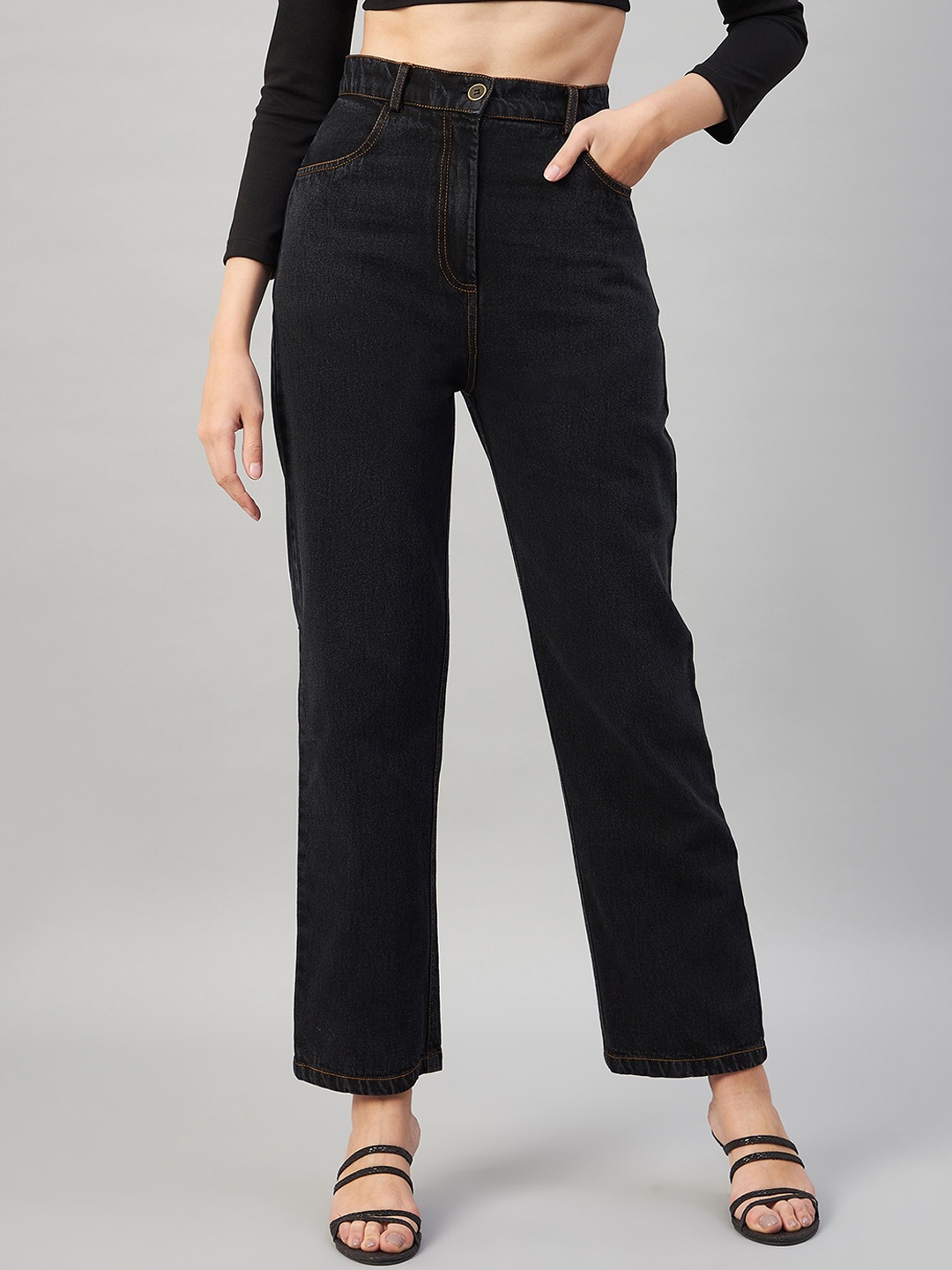 

Orchid Blues Women Straight Fit Pure Cotton High-Rise Jeans, Black