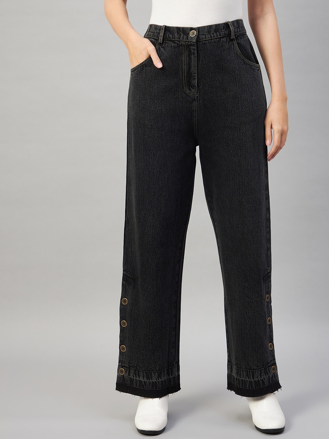 

Orchid Blues Women Wide Leg High-Rise Pure Cotton Jeans, Black