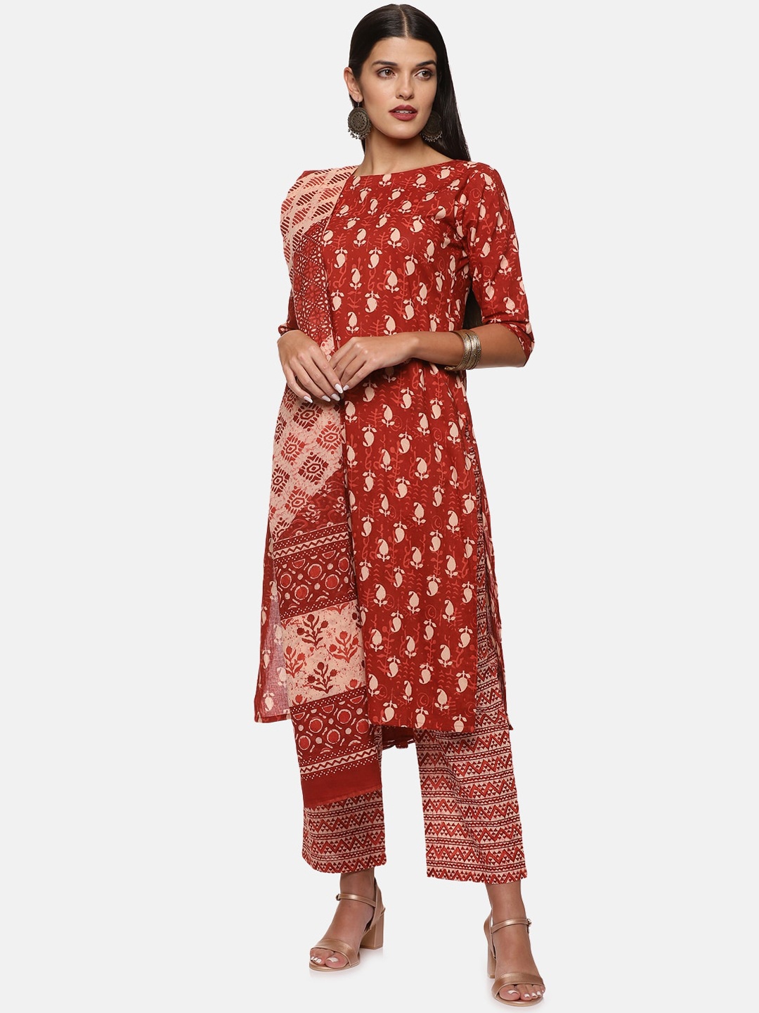 

DIVINATION Women Ethnic Motifs Printed Pure Cotton Kurta with Trousers & With Dupatta, Rust