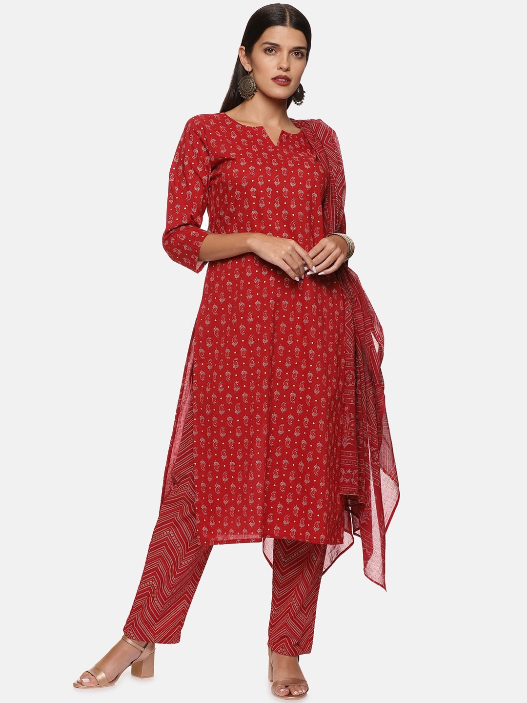 

DIVINATION Women Ethnic Motif Printed Notch Neck Pure Cotton Kurta with Trousers & Dupatta, Maroon