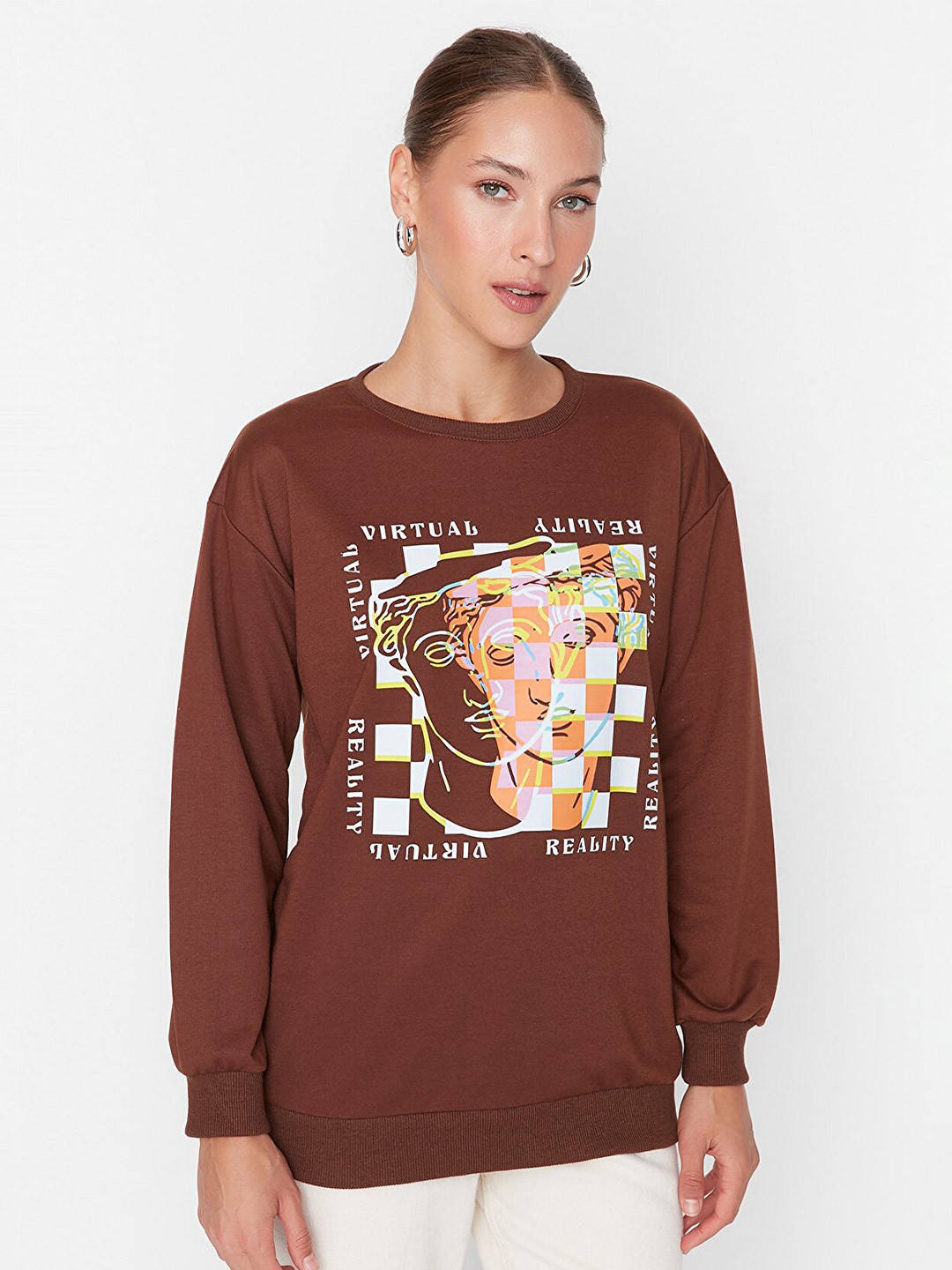 

Trendyol Graphic Printed Round Neck Sweatshirt, Brown