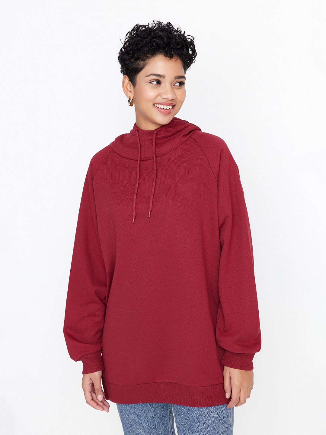 

Trendyol Women Hooded Longline Sweatshirt, Burgundy