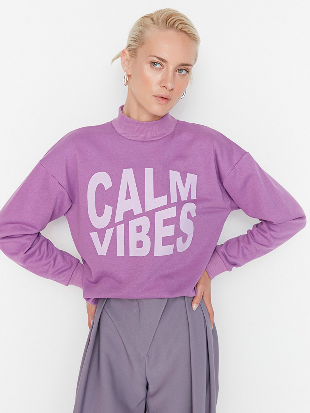 

Trendyol Women Typography Printed Pullover Sweatshirt, Purple