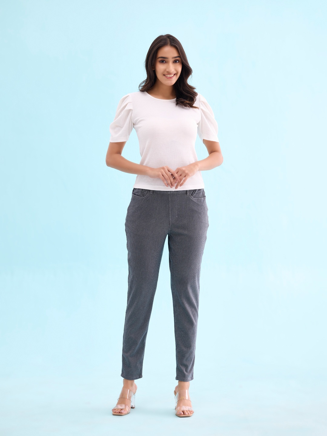 

Go Colors Women Slim Fit Striped Jeggings, Grey