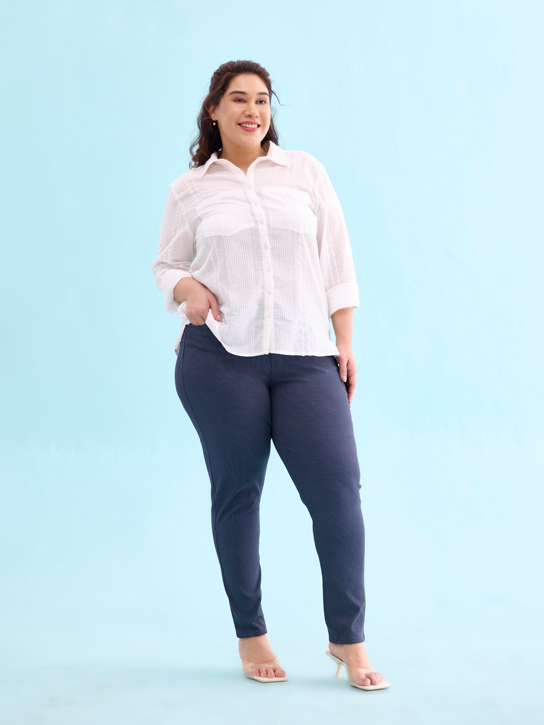 Go Colors Women Slim Fit Checked Jeggings, Navy blue