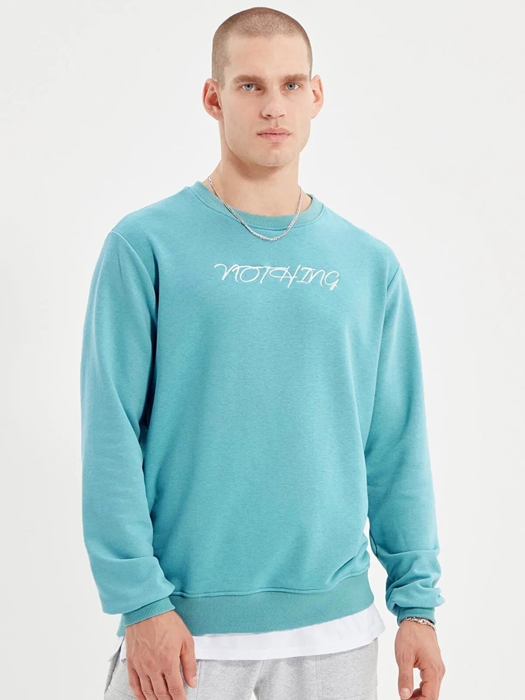 

Trendyol Men Self Design Round Neck Sweatshirt, Turquoise blue