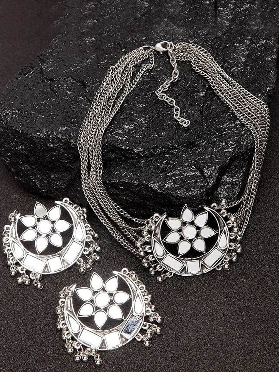 

VAGHBHATT Silver-Plated Mirror Studded & Beaded Oxidised Jewellery Set