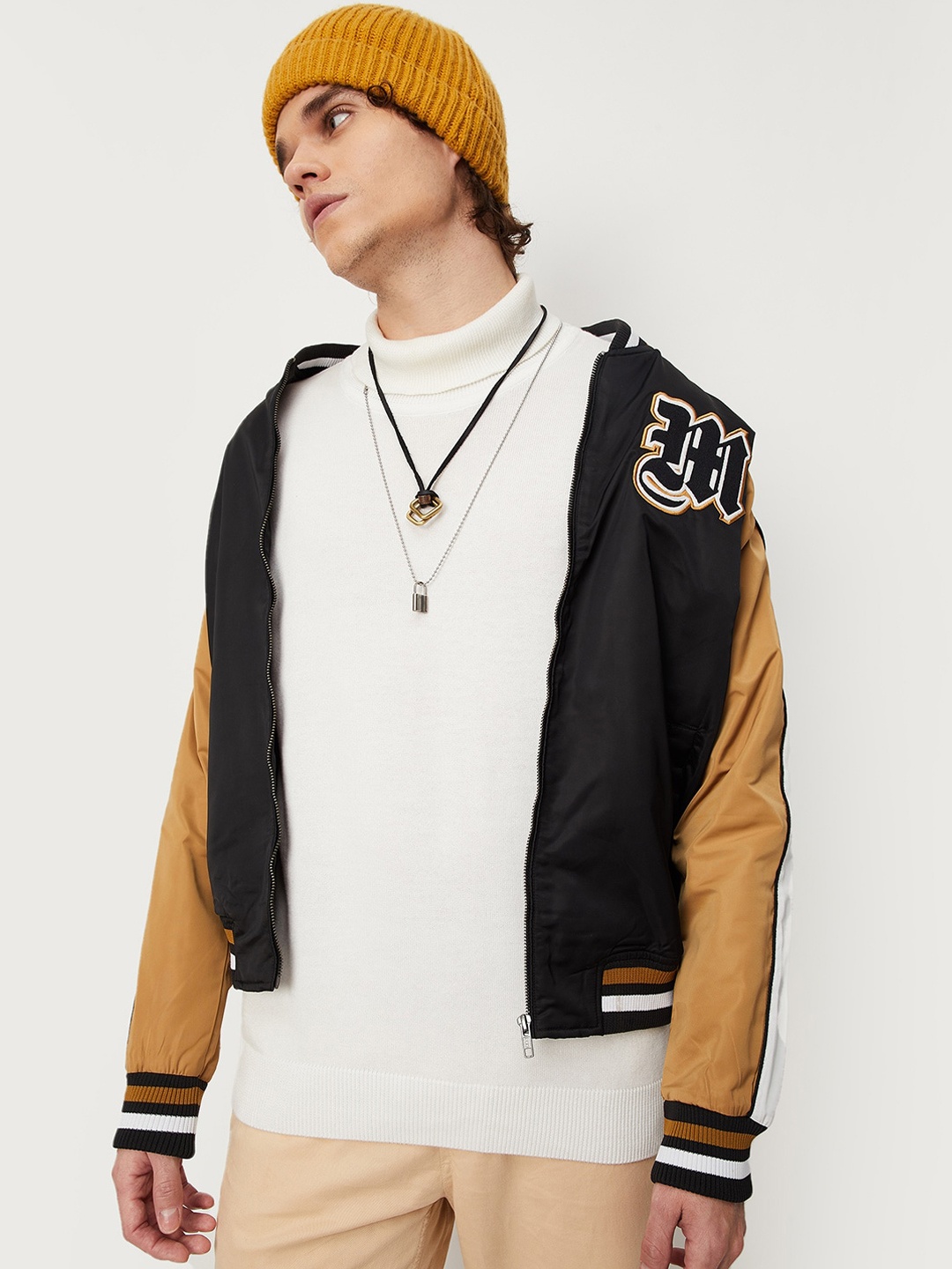 

max Men Long Sleeves Colourblocked Varsity Jacket, Black