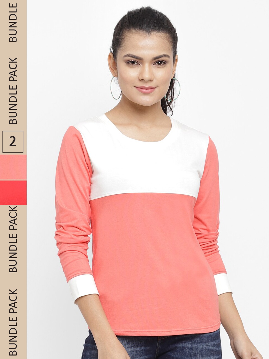 

N-Gal Women Pack Of 2 Colourblocked Dry-Fit Cotton T-shirt, Peach
