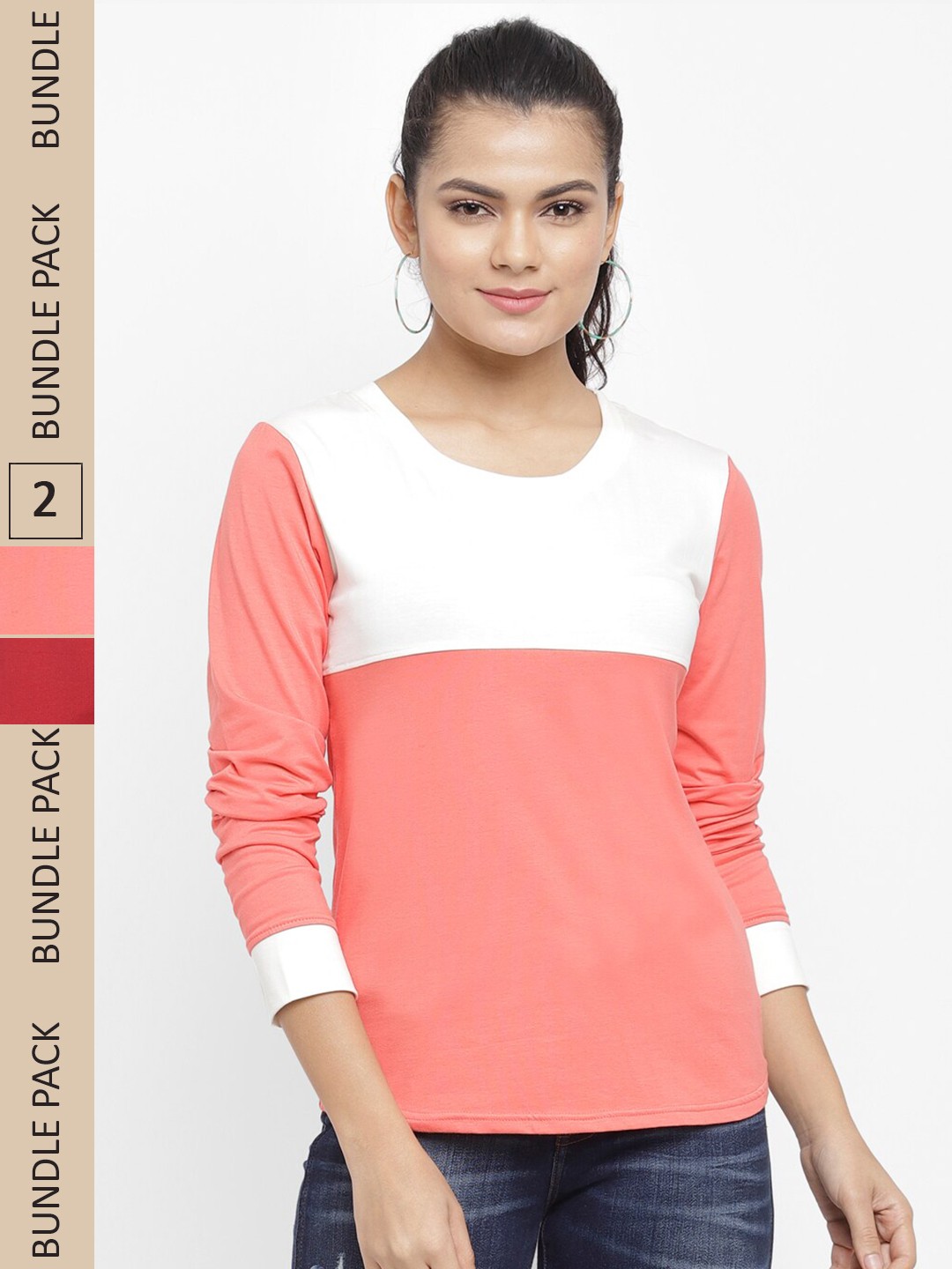

N-Gal Women Pack Of 2 Colourblocked Dry-Fit Cotton T-shirt, Off white