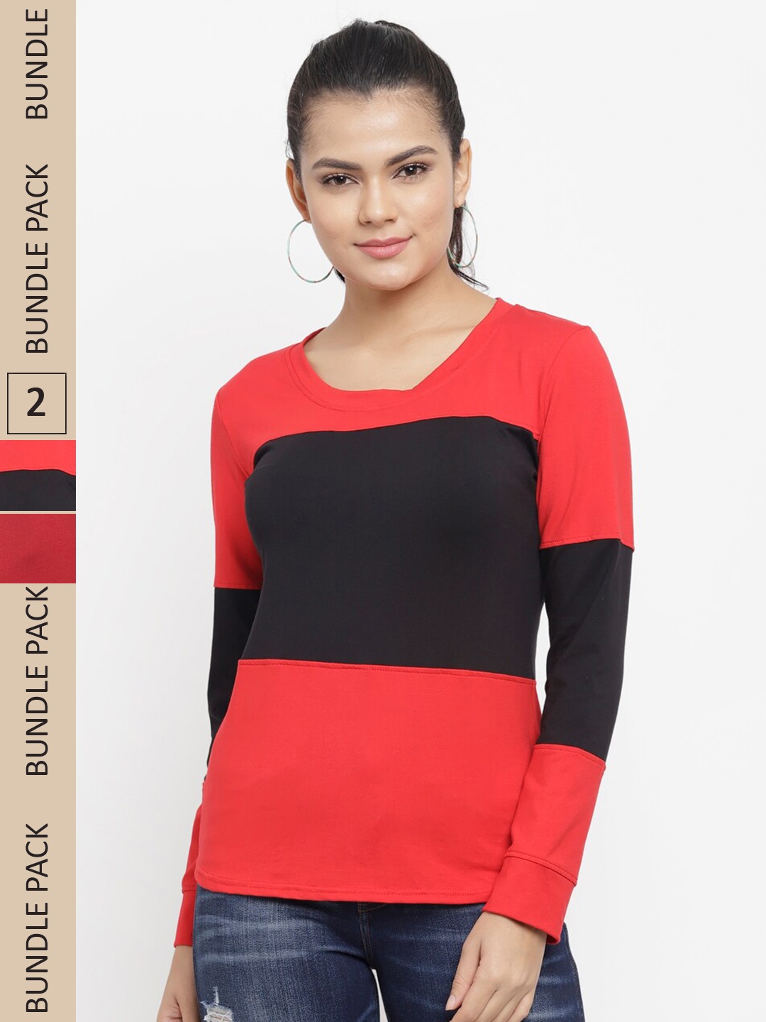 

N-Gal Women Pack Of 2 Colourblocked T-shirt, Red