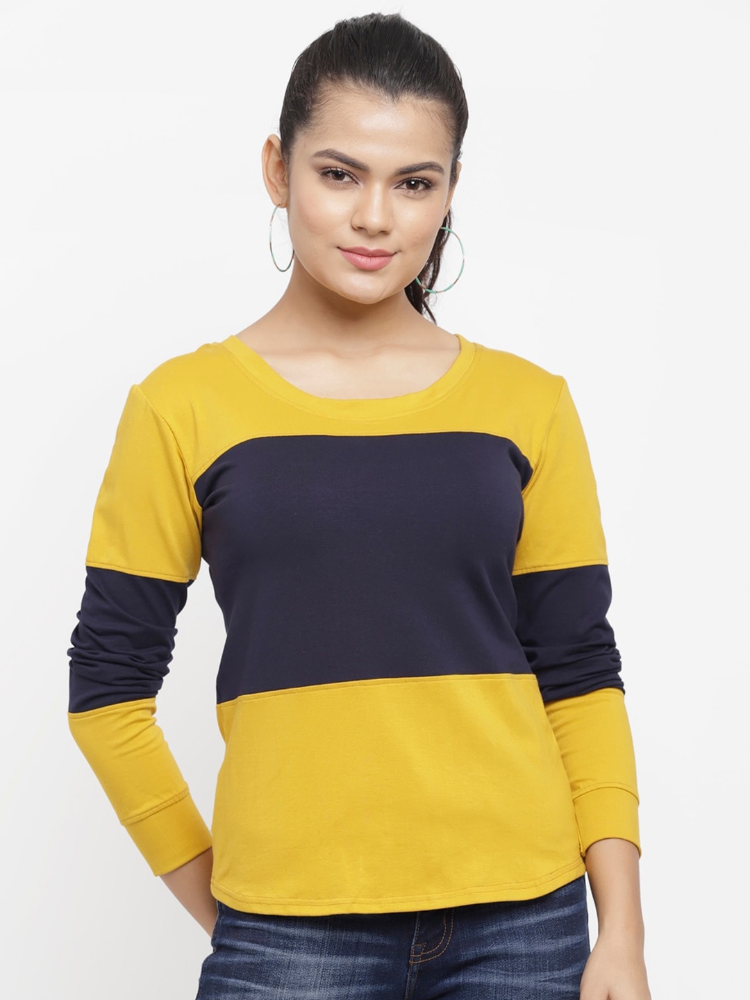 

N-Gal Women Colourblocked Round Neck Cotton T-shirt, Mustard