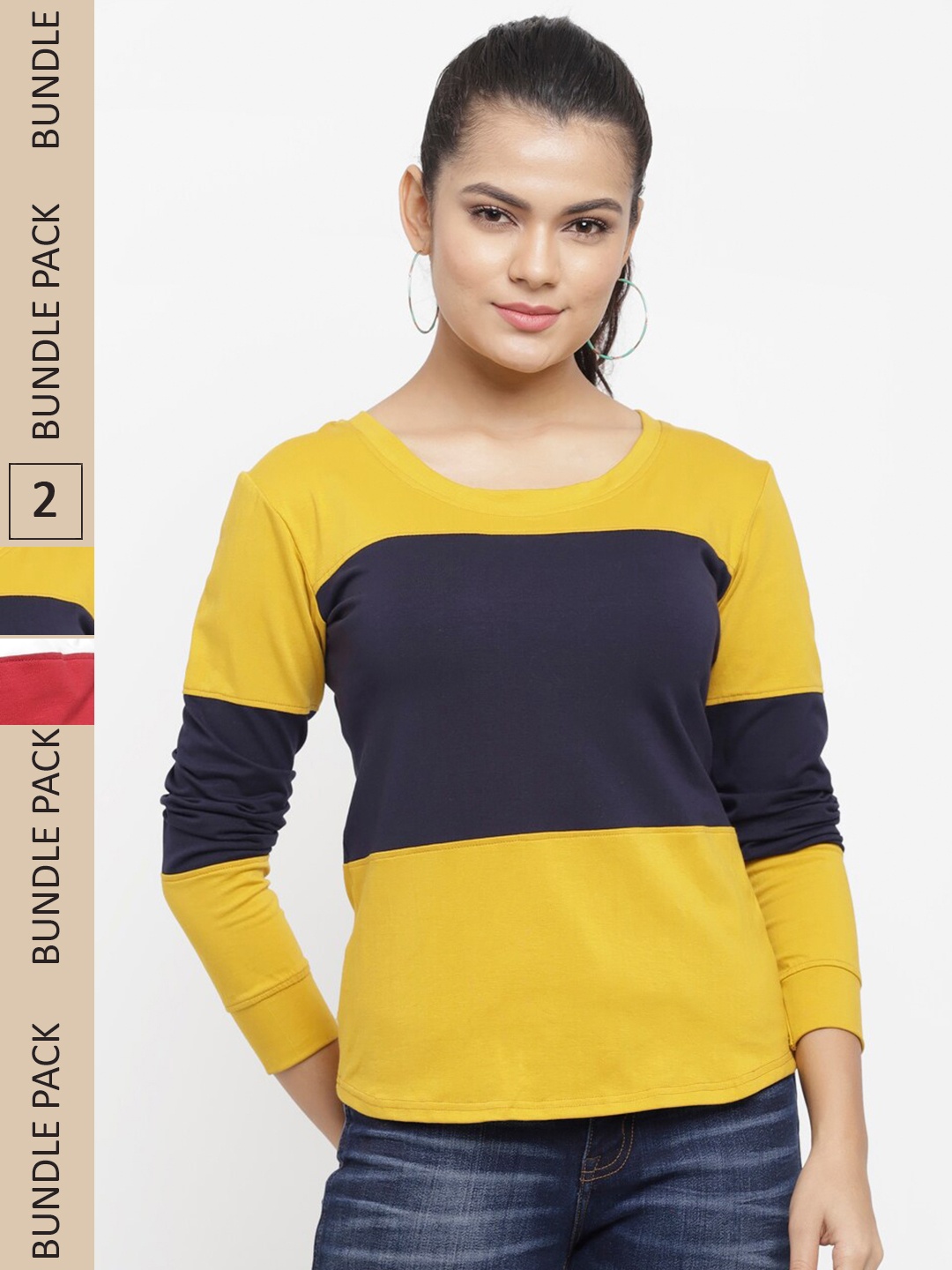 

N-Gal Women Pack Of 2 Polo Collar Cotton T-shirt, Mustard