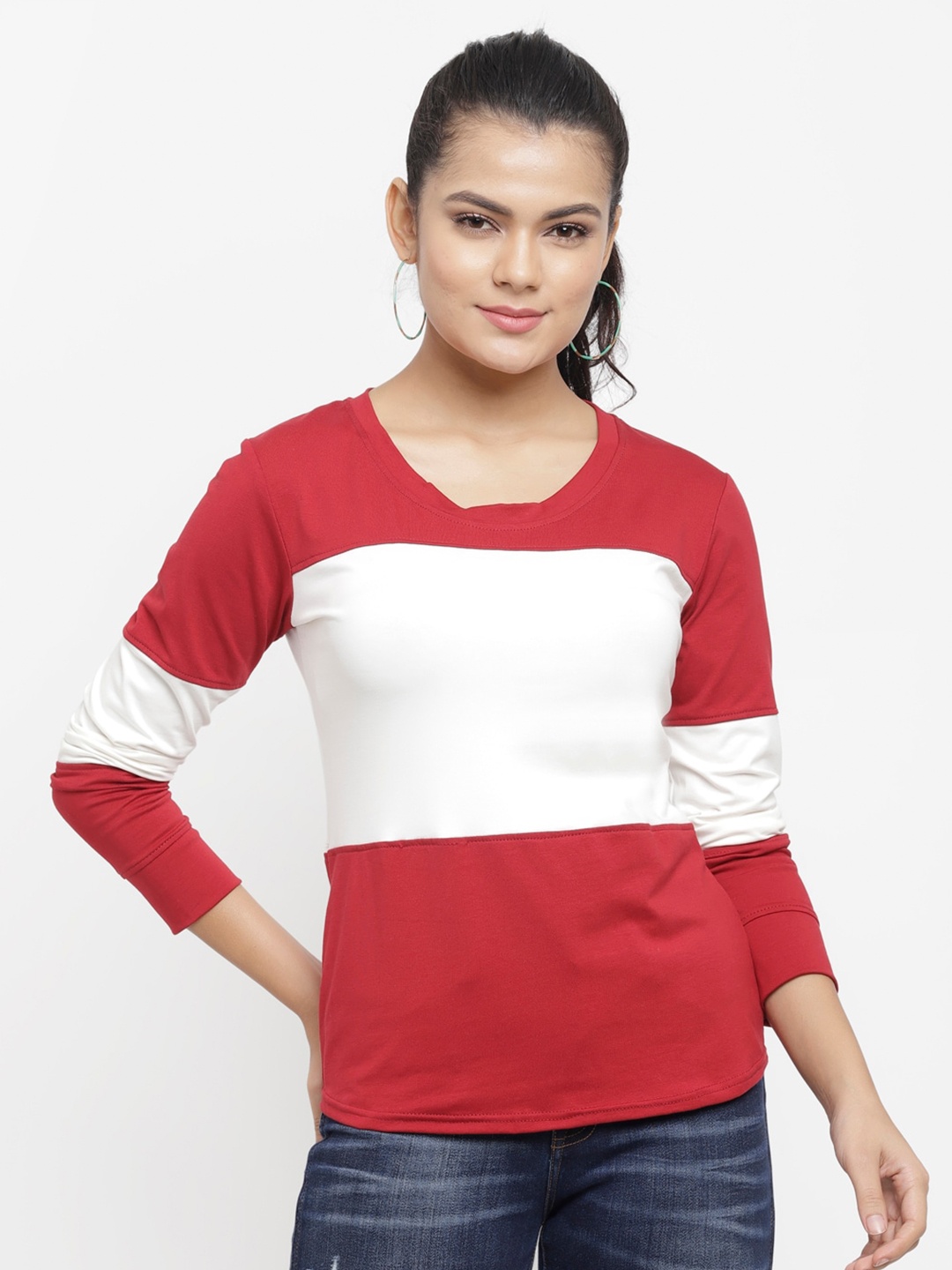 

N-Gal Women Colourblocked Dry Fit Cotton T-shirt, Maroon