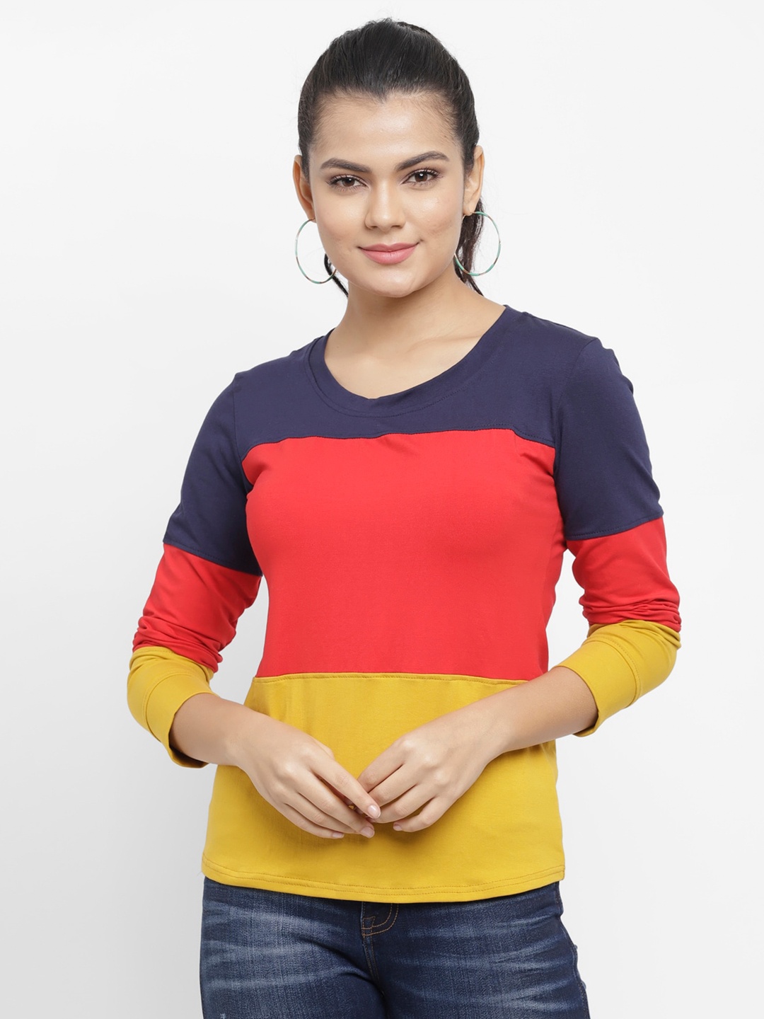 

N-Gal Women Colourblocked Dry Fit Cotton T-shirt, Navy blue