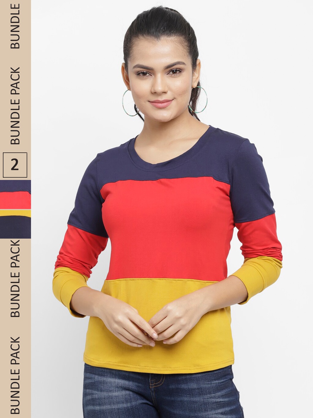 

N-Gal Pack of 2 Colourblocked Long Sleeves Dri Fit Cotton T-shirt, Navy blue