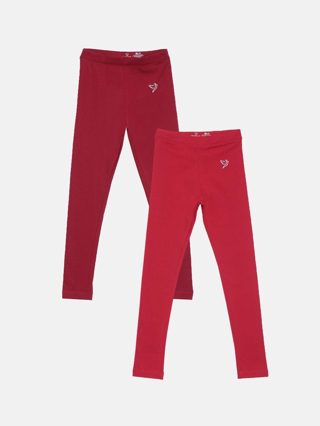 

TWIN BIRDS Girls Pack Of 2 Pure Cotton Tailored-Fit Ankle-Length Leggings, Red