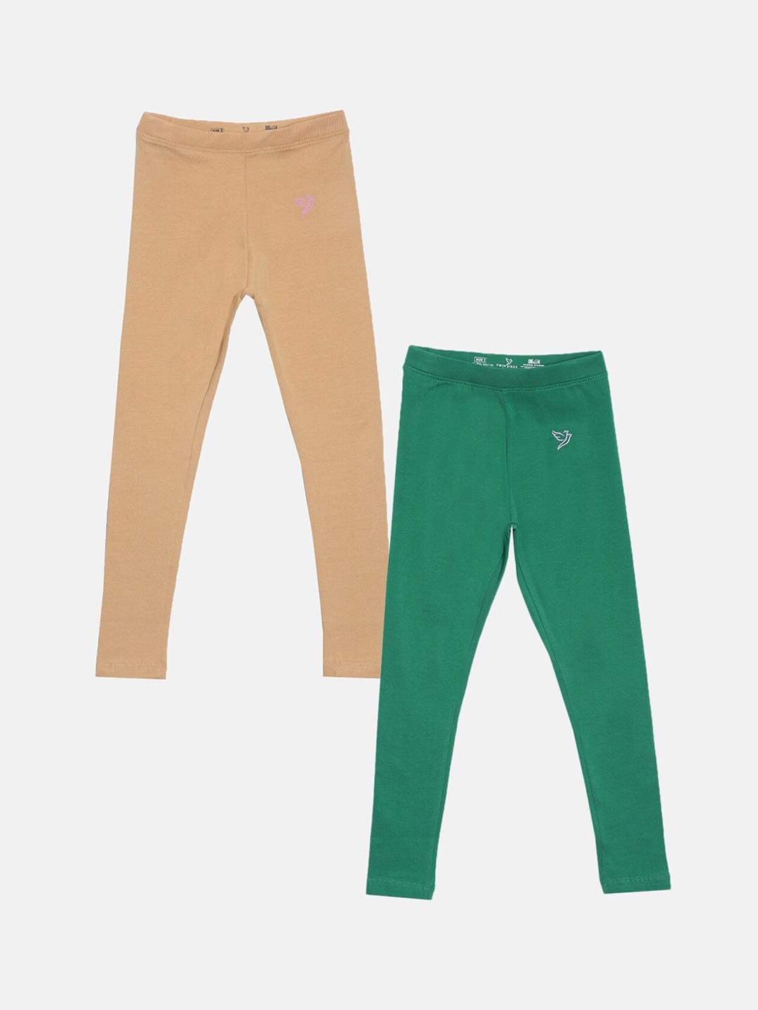 TWIN BIRDS Girls Pack Of 2 Ankle-Length Pure Cotton Leggings, Beige