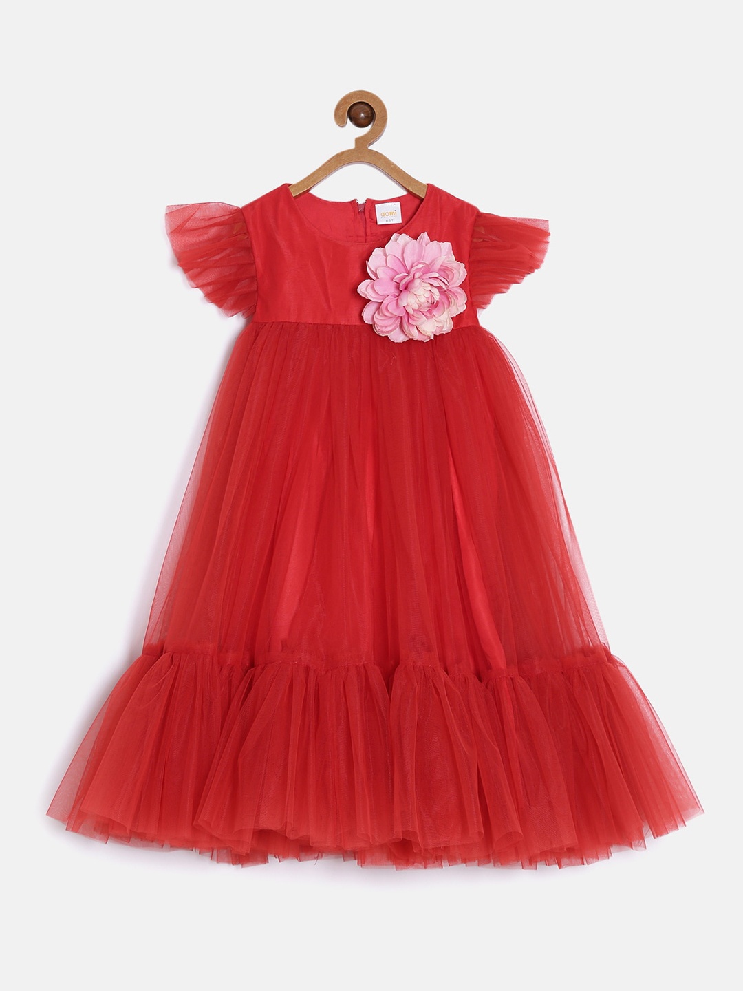 

Aomi Girls Bow detailed Flutter Sleeves Net Empire Dress, Red