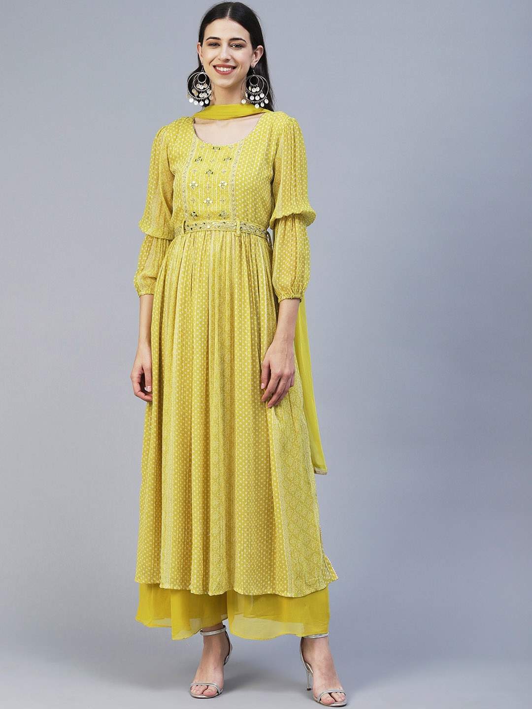 

FASHOR Women Bandhani Printed Pleated Mirror Work Kurta with Palazzos & Dupatta, Lime green