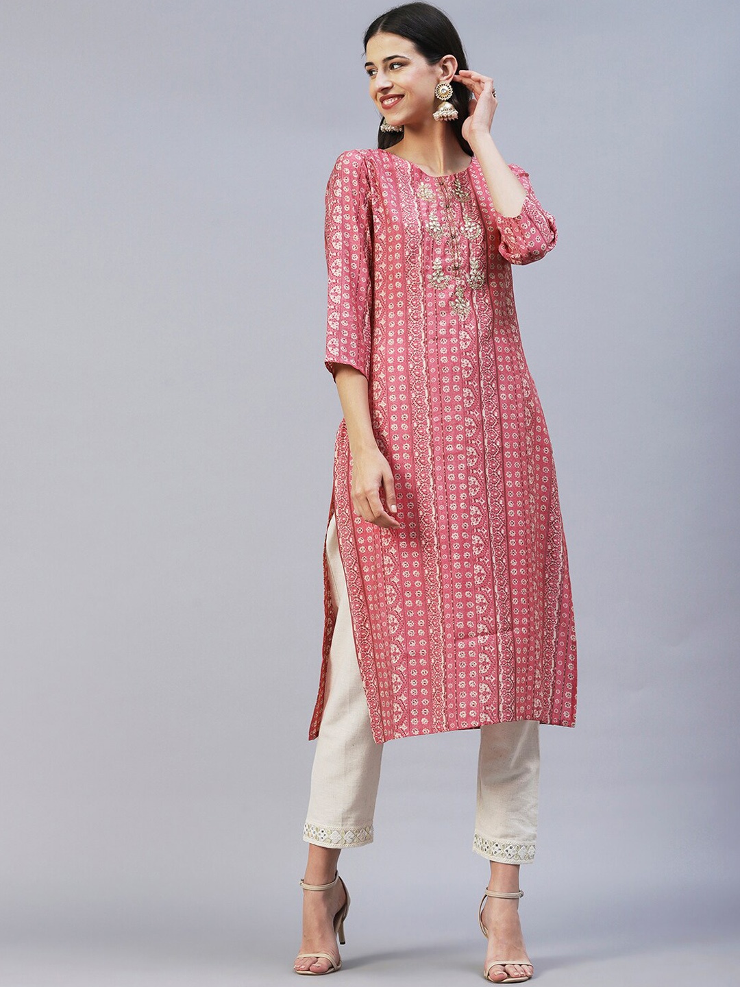 

FASHOR Ethnic Motifs Printed Silk Kurta, Pink