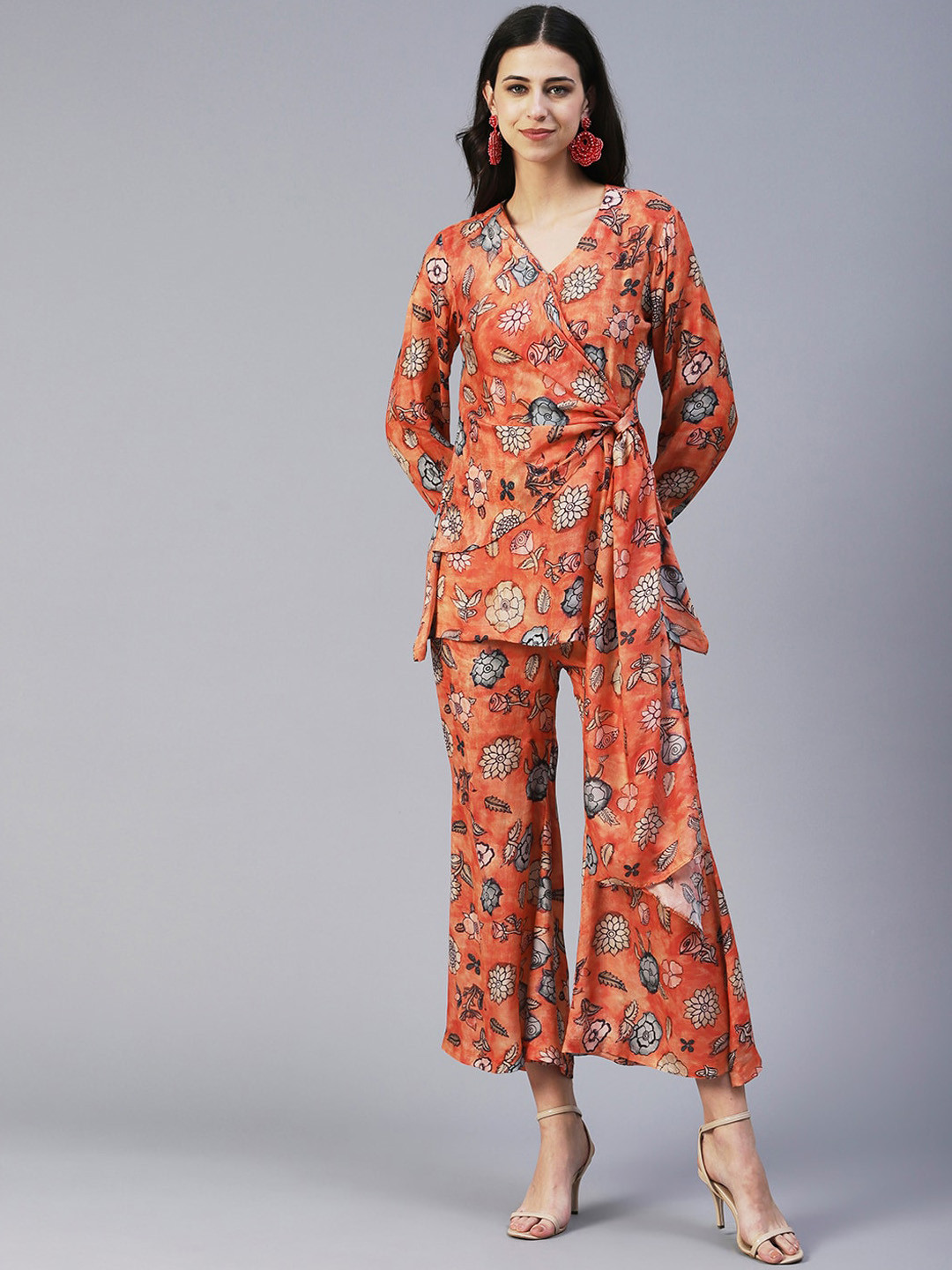 

FASHOR Women Floral Printed V-Neck Top & Palazzo Co-Ords Set, Orange