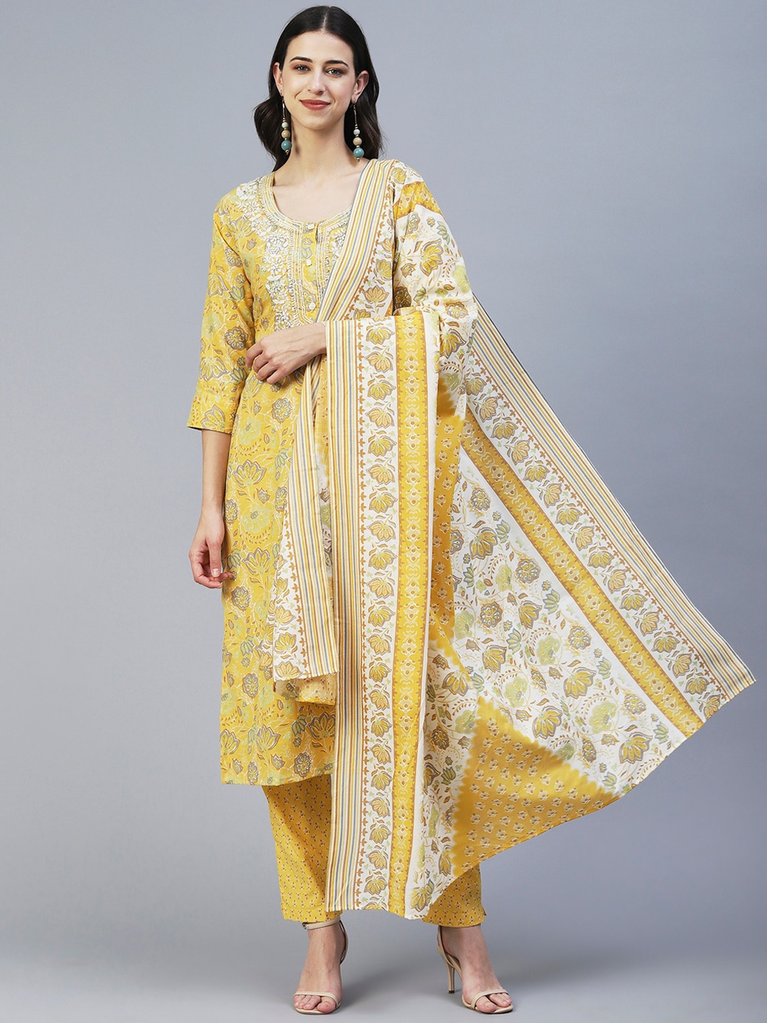 

FASHOR Women Floral Printed Thread Work Pure Cotton Kurta with Trousers & Dupatta Set, Yellow