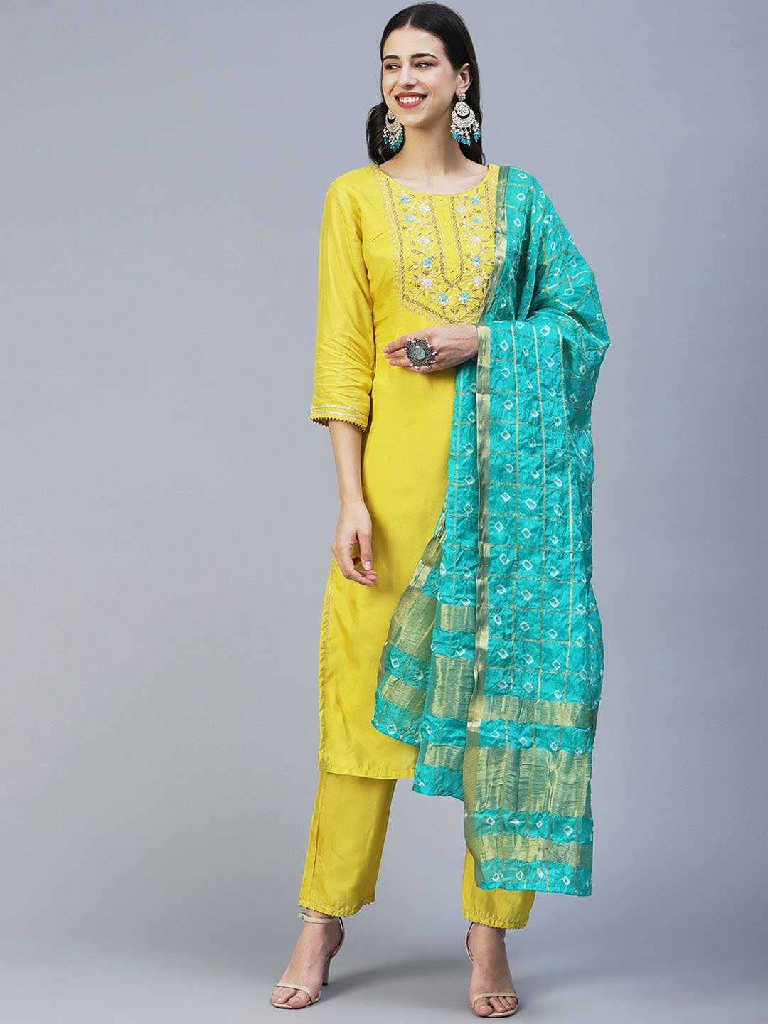 

FASHOR Women Ethnic Motifs Embroidered Beads and Stones Kurta with Trousers & With Dupatta, Yellow