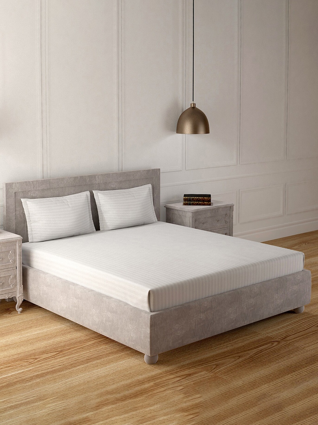 

Duroflex White Striped 300 TC Pure Cotton Flat King Bedsheet With 2 Pillow Covers