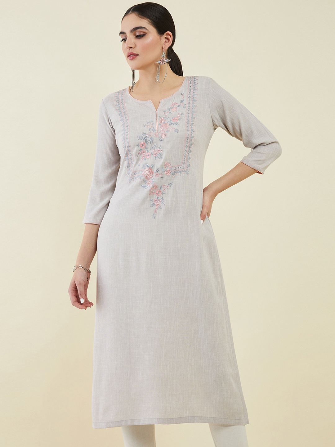 

Soch Floral Embroidered Thread Work Kurta, Grey